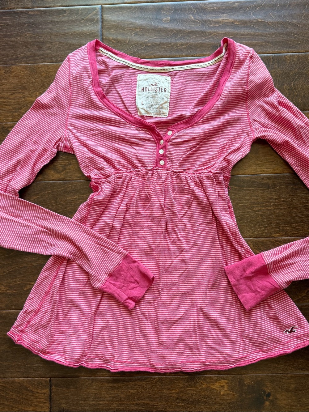 Y2K Hollister Pink Striped Long Sleeve Babydoll Top